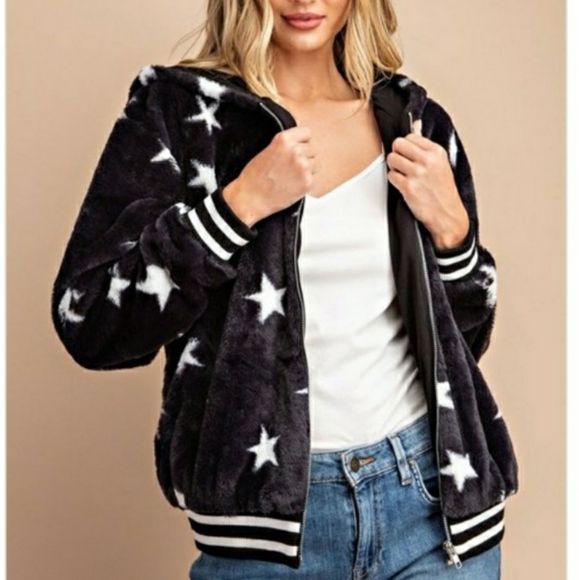 Star Faux Fur Hoodie Jacket - Picture 4 of 7